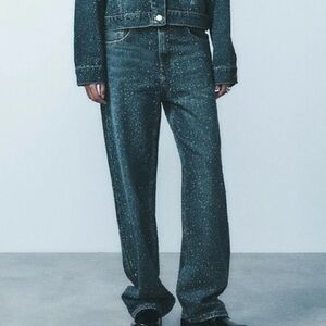 ZARA Oversized TRF Relaxed Tapered Rhinestone Blue Denim Jean